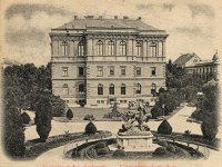 Spomenik 'Sv. Juraj ubija zmaja', rad kipara Antona Dominika Fernkorna, u pozadini zgrada JAZU, Akademički trg (današnja HAZU, Strossmayerov trg), oko 1900.-1905. godine